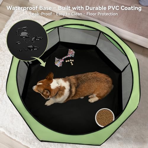 Dog Playpen for Small Dogs & Puppies, 29.92" Portable Indoor Outdoor Puppy Playpen with Bowl, Waterproof Floor, Foldable Pop-Up Pet Pen for Home, Travel & Daily Use, Green+Black - color: Green+Black, size: S(29.92"x29.92"x16.5")