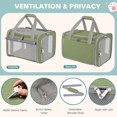 Cat Carrier Top Load, Privacy Curtains Soft Pet Travel Bag Airline Approved | Collapsible Soft-Sided Cat/Dog/Pet Carrier for Small Cats Dogs Puppy Under 16 lb, Washable Kitten Mesh Cage (16.9x10.8x10.8) - color: Grass Green