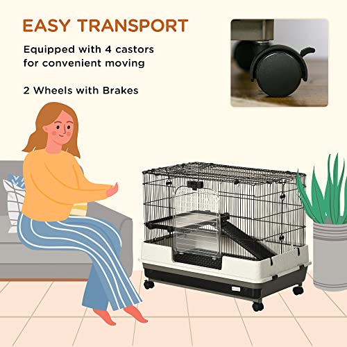 PawHut 26" Small Animal Cage with Wheels, 2-Level Portable Bunny Cage, Chinchilla Ferret Cage with Removable Tray, Platform and Ramp - size: 31.5"L x 20.8"W x 26.0"H