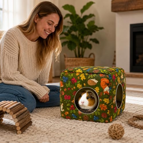 Guinea Pig Hideout House with Removable Cushion, Washable Small Animal Cube Bed, Cozy Bunny Hideaway for Guinea Pigs, Chinchillas, Hedgehogs, Hamsters & Dwarf Rabbits - color: Green Forest