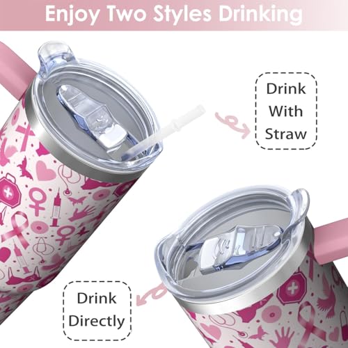 30oz Breast Cancer Awareness Stainless Steel Tumbler with Handle and Straw,Pink Ribbon Mug Cup Water Bottle with Lid and Straw, Patients Survivor Women Gifts - color: Cancer2
