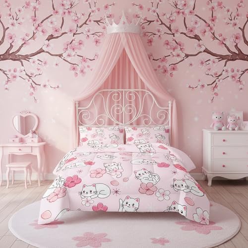 QOOMO 3Pcs Sakura Cats Comforter Set Twin,Floral Bedding Set for Kids | 3Pcs Bedding Set Printed Comforter with 2 Pillowcases,Soft Microfiber,Lightweight and Comfortable,for All seasons - color: Sakura Cats 18, size: Twin