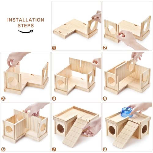 Wooden Hamster Hiding Place with Hamster Bowl Ladder and Detachable Platform, Suitable for Small Pets, Perfect for Hamsters, Rats, sandmice, mice and Other Small Animals
