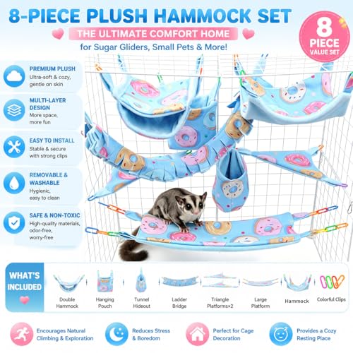 8 Pcs Sugar Glider Cage Set, Small Animal Fleece Hammock Set, Hanging Bed, Climbing Bridge and Toys for Sugar Gliders, Fancy Rats, Squirrels,Ferrets,Blue7126-2 - color: Blue