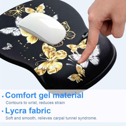Ergonomic Mouse Pad with Gel Wrist Support, Comfortable Wrist Rest Mousepad with Non-Slip PU Base for Pain Relief, Desk, Home & Office (Golden Butterfly) - color: Golden Butterfly