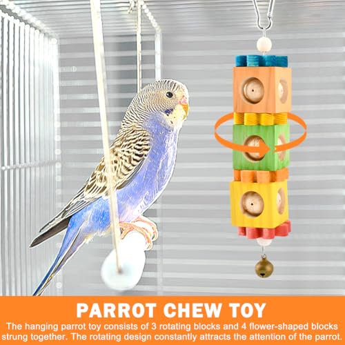 2 Pcs Wooden Bird Chew Toys for Beak Grinding, Hanging Parrot Rotating Wood Block with Bell Parrot Foraging Enrichment Toy for Parakeet, Cockatiel, Conure