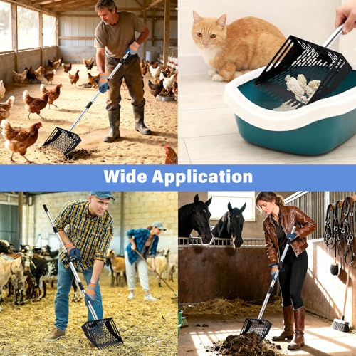 2-in-1 Chicken Poop Scooper & Rake, 10 Inch Coop Sand Sifting Shovel with 37" to 65" Adjustable Stainless Steel Handle, Litter Cleaning Tools with Gloves for Chicken Coop Farm Animals (Black) - color: Black