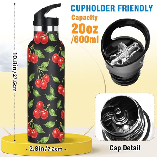 Red Cherry Girls Insulated Water Bottle with Straw Lid,Vacuum Stainless Steel Mug Leakproof Tumbler Flask Kids Water Bottle for Sports Travel School,20oz - color: Red Cherry