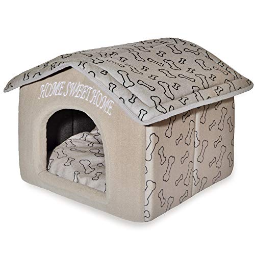 Best Pet Supplies Cat Bed for Indoor Cat, Domed Tent House with Removable Pillow, Covered Cat Cave for Small Dog, Puppies and All Breeds of Cats - Light Brown w/ Bones, 16 x 16 x H:14" - color: Light Brown w/ Bones, size: 16" x 16" x H:14"