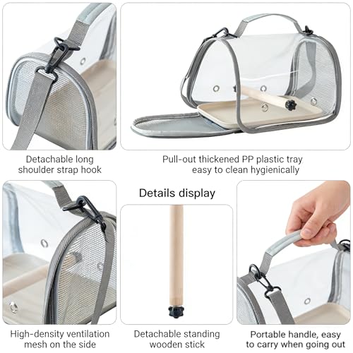 Clear Small Pet Travel Carrier with Perch & Tray – Breathable Mesh Bird Parrot Hamster Rabbit Squirrel Portable Bag (Black) - color: Black