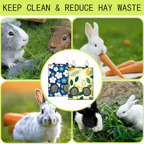 2Pcs 2 Styles Rabbit Hay Bag Feeder for Guinea Pigs Chinchillas 11.6 x 9.1 Inch Hanging Hay Holder with 2 Holes Flowers Leaves Cloth Washable Small Animal Feeding Storage Cage Accessories - color: Flower