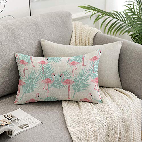 HOSNYE Pink Flamingo Throw Pillow Cover Standing On Tropical Leaves and White Background Linen Fabric for Couch Bed Sofa Car Waist Cushion Cover 12 x 20 inch Pillow Case - color: Throwpillowcoversa117, size: 20" x 12" (Pack of 1)