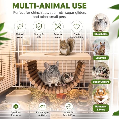 Natural Wood Chinchilla Platform, Small Pet Climbing Playground, Small Animals Cage Accessories for Chinchillas Squirrels Gerbils Sugar Gliders Hamsters Mice Rats Parrots