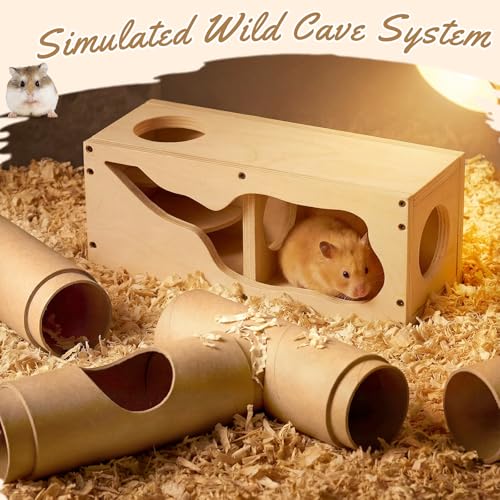 AceOrbit Hamster Tunnel Tubes and Wooden House Set, Composable DIY Hamster Tunnels and Hideout, Small Animal Tube for Mouse Gerbils Mice or Other Small Animals Habitat