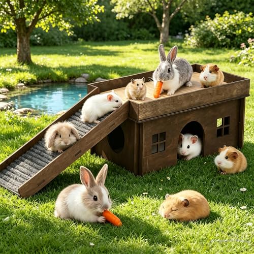 Large Sturdy Bunny House, Guinea Pig Rabbit Hideout Castle | Small Animal House Bed Hut Habitats with Stairs, Sturdy Wooden Guinea Pig Hideout for Hamsters Bunny Chinchillas Hiding - color: Walnut