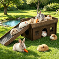 Large Sturdy Bunny House, Guinea Pig Rabbit Hideout Castle | Small Animal House Bed Hut Habitats with Stairs, Sturdy Wooden Guinea Pig Hideout for Hamsters Bunny Chinchillas Hiding - color: Walnut