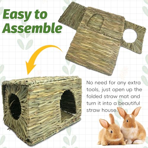 Hamiledyi 2 Pack Large Rabbit Grass House Hand Woven Natural Bunny Hut Foldable Play Bed Safe Cozy Hideaway Hay Mat Chew Toys for Hamster Guinea Pig Chinchilla Gerbil Ferret - size: 2 Pack (14.57"L x 11.42"W x 10.24"H)
