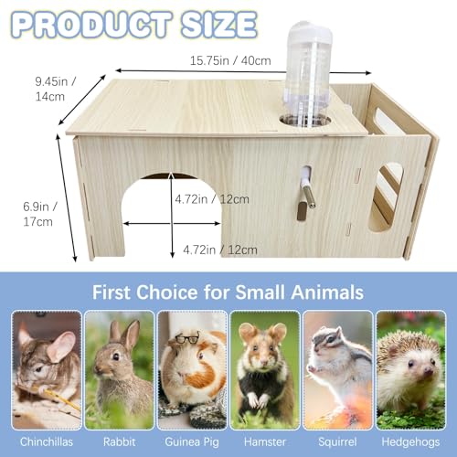 Hamiledyi Guinea Pig Hideout with Hay Feeder and Water Bottle Natural Wooden Chinchilla House Bunny Castle Small Animal Hideout for Rabbit Chinchilla Bunny and Guinea Pig