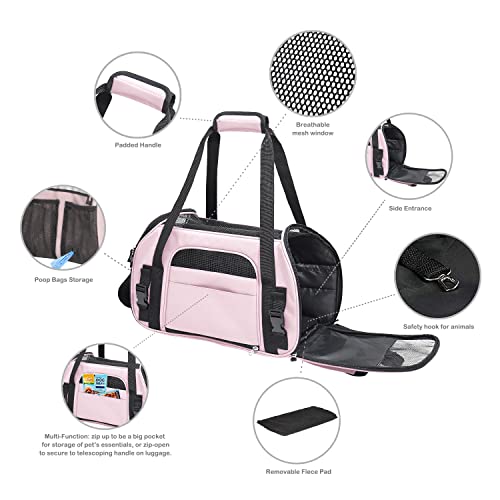 JESPET Soft-Sided Kennel Pet Carrier for Small Dogs, Cats, Puppy, Airline Approved Cat Carriers Dog Carrier Collapsible, Travel Handbag & Car Seat - color: Pink, size: 17.0"L x 9.0"W x 11.5"H