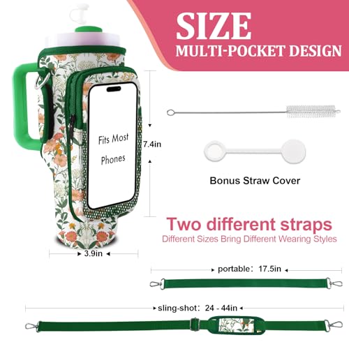 Stanley Carrier Bag for Stanley 40oz/30ozTumbler with Phone with 2 Adjustable Strap,3 Pockets Bottle Stanley Cup Carrier Bag & Case,Accessories for Hiking Travelling - color: Green Flower