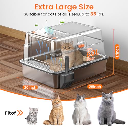 XXXXL Stainless Steel Litter Box with Lid,28.0" L × 20" W × 17" H Extra Large High Sided Cat Litter Box for Multi -Cats,Enclosed Metal Litter Box with Cat Scratcher and Scoop,Dark Gray
