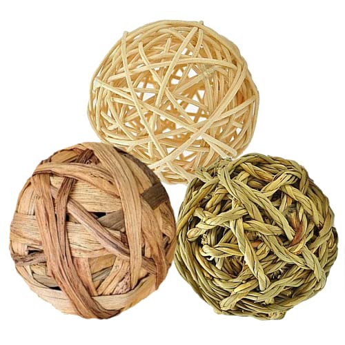 SunGrow 3 Pack Rabbit Chew Ball, Assorted Grass Teething Toy for Small Pocket Pet, Dental Wear Support, Boredom Relief Activity, Safe Woven Treat Enrichment for Bunny Guinea Pig Hamster Rat