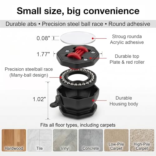 Self-Adhesive Furniture Wheels, 360° Swivel Mini Casters, Silent Rollers for Small Cabinets, Desks, Shelves, Boxes – Single Wheel Load 44lbs, Black (4, Black)