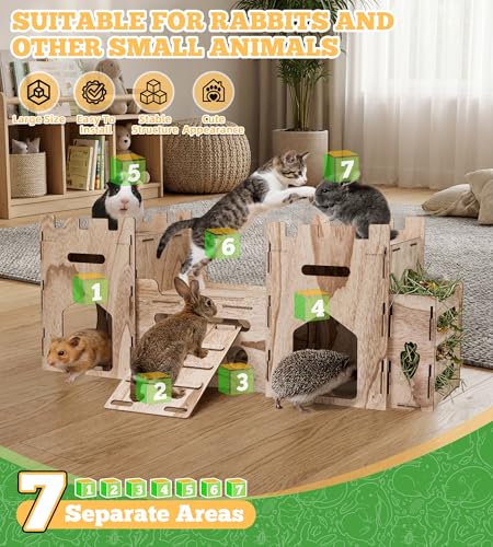 HIIMALEX Extra Large Wooden Bunny Castle House Multistory Climbing Tower Hideout Ventilated Sturdy Habitat for Rabbit Guinea Pig Chinchilla Ferret