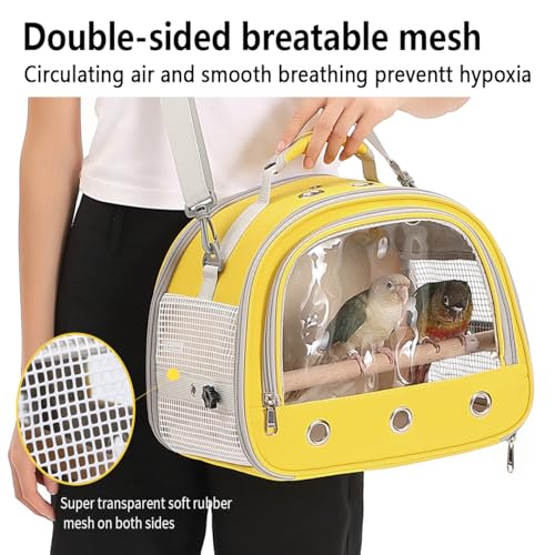 Bird Carrier,Bird Cage Parakeet Parrot Budgie Carrier Backpack for Small Birds, Travel Bird Cages with Perch, Transparent Ventilation Cockatiels, Lightweight Pet Carrier for Outdoor Use(Yellow)
