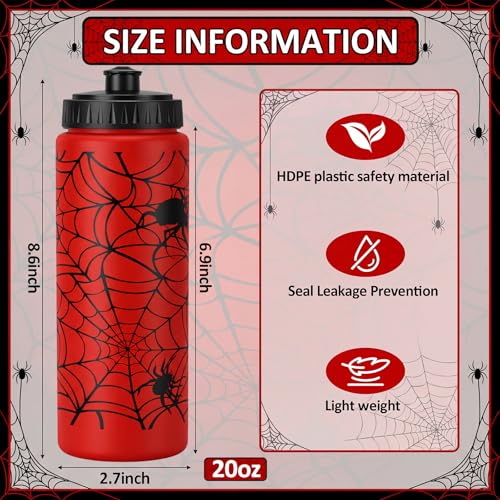 12 Pack 20 oz Spider Web Plastic Water Bottles Bulk, Red Reusable Squeeze Water Bottles with Pull Top Lid, Portable Leakproof for Spider Birthday Party Supplies, Party Favors - style: Spider
