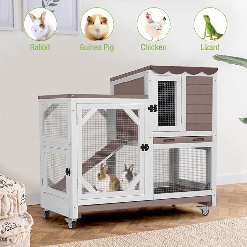 GUTINNEEN Rabbit Hutch Indoor Outdoor 2 Story Bunny House on Wheels Wood Rabbit Cage with 2 Pull Out Trays Guinea Pig Cage - size: 39.3"L Rabbit Hutch Brown