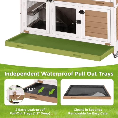 Gutinneen Large Indoor Rabbit Hutch Mobile Bunny Cage with Chew-Proof Ramp, Locking Leak-Proof Trays - Outdoor 44" Wooden Rabbit Cage with 4 Wheels for Rabbits, Guinea Pigs, Small Animals (Brown)