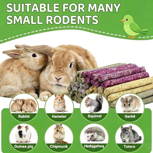 40 Pcs Natural Rabbit Chew Sticks Timothy Hay Sticks Mixing Flowers, Roses, Calendula and Forget Me Not Flowers Organic Treats for Guinea Pigs, Chinchillas, Hamsters Dental Health & Digestion