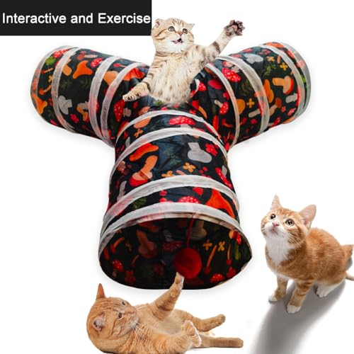 Cat Tunnel Tube Toys, 3 Ways Tunnels for Indoor Cats with Play Ball | Collapsible Pet Tube with Interactive Peephole Interactive Toy for Rabbits, Kittens, Ferrets, Puppy(Mushroom) - color: Mushroom