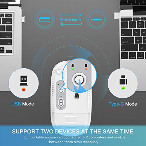 VssoPlor Type C Wireless Mouse, USB C MacBook Wireless Mouse, White Silver | Dual Mode Cordless Mice with USB and Type C Receiver Compatible with PC, Laptop, MacBook and All USB C Devices - color: White and Silver