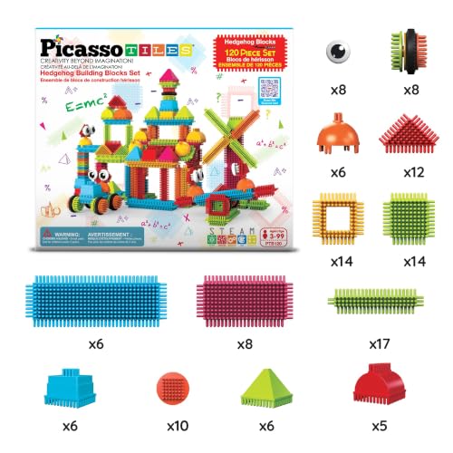 PicassoTiles 120pcs Hedgehog Interlocking Building Blocks Tiles Construction Toy Set Learning Playset STEAM Development Preschool Kindergarten Toy for Kids Age3+ PTB120 | Soft rubbery texture, easy-connect forms, BPA-free & lead-safe material, 20+ 3D desi