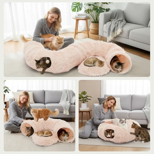 DUMOS Cat Tunnel Bed for Indoor Cats, Cave Donut Play Tunnel, Cream | Soft Plush Peekaboo, Washable Circle Cushion, Multifunctional Playground Under Tree Toys for Kittens, Puppy, Rabbit, Ferret - color: Cream