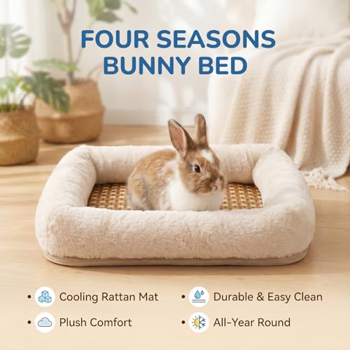 Rabbit Bed, Bunny Bed for Indoor Rabbits, Soft Faux Fur Small Animal Bed with Woven Grass Center Mat, Anti-Slip Bottom,Foldable Hand Washable Bunny Mat for Guinea Pigs,Chinchillas,Ferrets