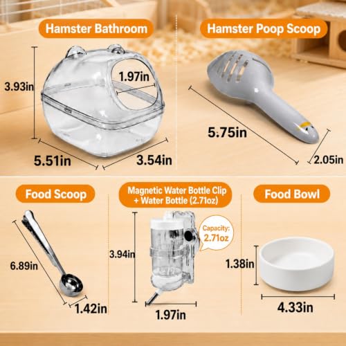 6 Pcs Basic Hamster Cage Accessories Set, Magnetic Water Bottle,Sand Bath with Cleaning Scoop Food Bowls,Food Scoop,for Dwarf Syrian Hamsters Gerbils Mice Degus or Other Similar-Sized Small Pets