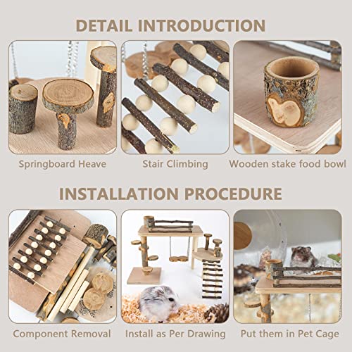 VolksRose Wooden Hamster Playground Platform, Hamster Climbing Toy, Natural Living Climb System, Small Animals Activity Set with Ladder Food Bowl Ramp Bridge for Mouse Gerbil Rat Chinchilla - color: #4