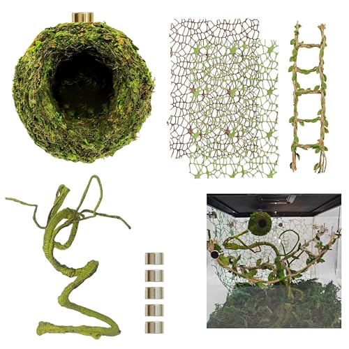 Jumping Spider Enclosure Accessories Kit, Magnetic Moss Ball Hideout, 2 Mesh Nets & Leafy Rope Ladder, 3D Forest Canopy Habitat with 5 Magnets for Jumping Spiders Fun Enclosure Accessories