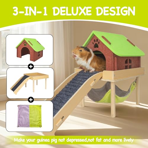 BESNEW 3 in 1 Enlarged Guinea Pig Hammock,Wooden Guinea Pig Hideout with House & Platform & Stairs Small Animal Toys for Hiding Sleeping Activities - color: Green Roof