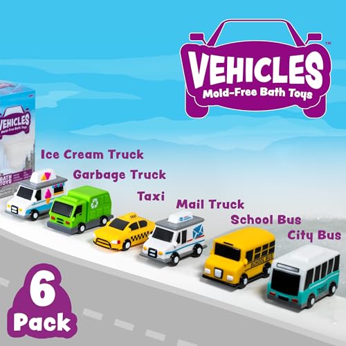 Tub Works® Vehicles™ Bath Cars Mold Free Bath Toys, 6 Pack | Sealed, No Hole Bath Toys Design Keeps Moisture Out | Soft, Squeezable & Float on Water | Fun Baby & Toddler Bath Toys | City Car Bath Toys - style: City Cars - 6pk