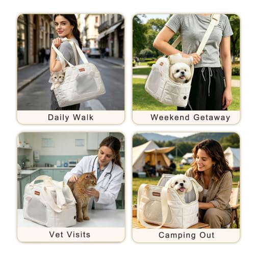 Dog Purse Carrier for Small Dogs Firm Bottom Puppy Travel Bag (Cream White) | Cat Carrier Small Dog Bag with Pocket, Breathable Mesh, Anti-Escape Safety Leash, Comfy Dual-Sided Mat for Outdoor Car Travel - color: Cream White