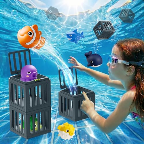 Pool Diving Toys for Kids, Underwater Swim Game Set with 6 Floating Sea Animals & 6 Dive Cages, Summer Water Toys for Pool, Bath & Beach Play, Birthday Gift for Boys Girls Ages 3-12