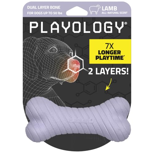 Playology Dual Layer Bone Dog Chew Toy - Medium, Lamb Scent | Rubber Construction, All Natural Scent, Heavy Duty Design - size: Medium, style: Lamb