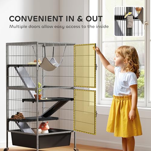 PawHut 45 Inch Small Animal Cage, 4-Tier Rolling Ferret Chinchilla Rabbit Cage with 6 Inch Deep Slide-Out Tray, Platforms, Hammock, for Bunnies, Ferrets, Chinchillas, Squirrels, Gray | Ferret Chinchilla Rabbit Cage, 6 Inch Deep Slide-Out Tray, Platforms,