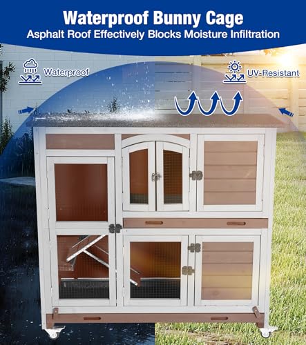 2-Story Rabbit Hutch with Wheels, Bunny Cage with Two Deepened Leak-Proof Trays, Indoor Outdoor Guinea Pig Cage with Waterproof Asphalt Roof - Brown - color: 44"L Milk Coffee