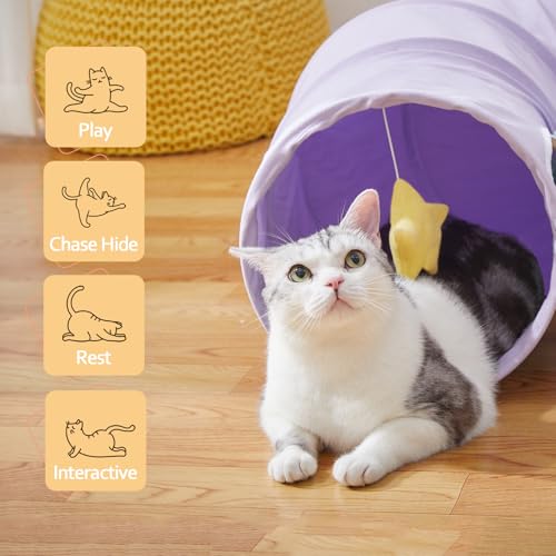 Cat Tunnel, Large Indoor Durable Collapsible Interactive Cat Tube with Peek-A-Boo Hole, Hanging Toys, and Crinkly Paper Lining - Cute Tunnel for Cats, Kittens, Puppies & Rabbits, Purple - color: PurpleBlue
