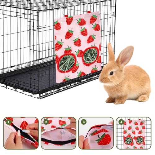JarThenaAMCS 2Pcs Rabbit Hay Feeder Bag with 2 Holes Pink Strawberry Guinea Pig Hanging Hay Feeding Bag Storage Dispenser for Chinchilla Hamster Bunny Small Animal Pet
